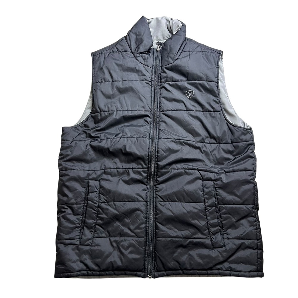 Ariat Mens Reversible Puffer Vest Black Grey Quilted Full Zip Logo Size Large